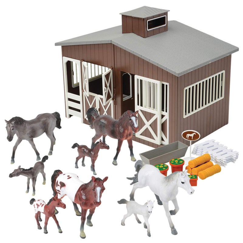 Constructive Playthings Deluxe Toy Horse Stable Playset with 8 Horse Toys and Accessories, BPA-Free Farm Set, Use for Christmas Gifts and Birthday Gifts, Brown, 23 pc., Toddler Toys for 3 Years Up - Image 1